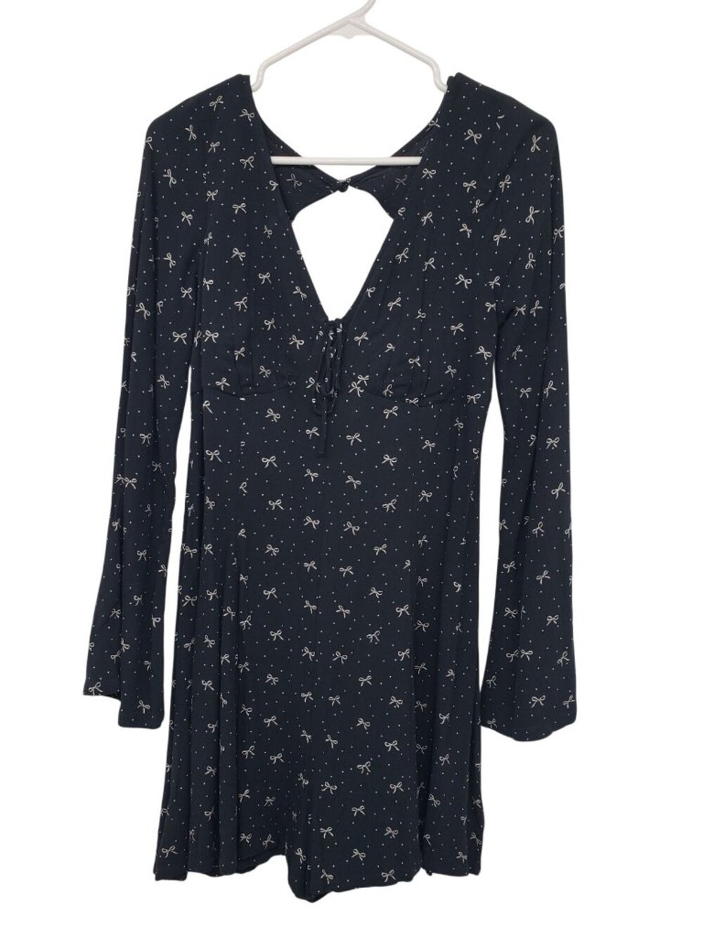 American Eagle Long Bell Sleeve Romper 70s Black White Bow Print Twee Fall Prep - Picture 3 of 13